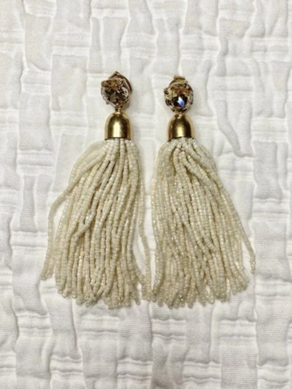 J.Crew Cream Color Beads & Gold Accent Statement Holiday Earrings EUC